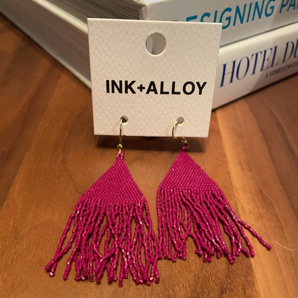 Brand New Ink and Alloy magenta beaded dangle earrings